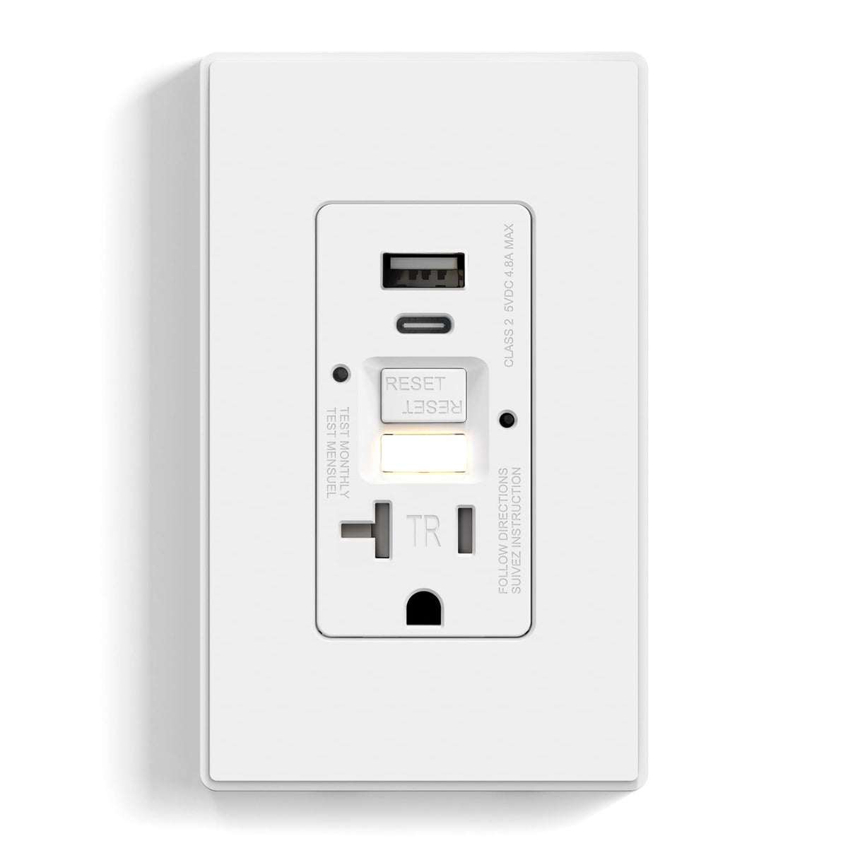 ELEGRP GFCI outlet with USB ports and nightlight, matte white, ideal for kitchen charging.