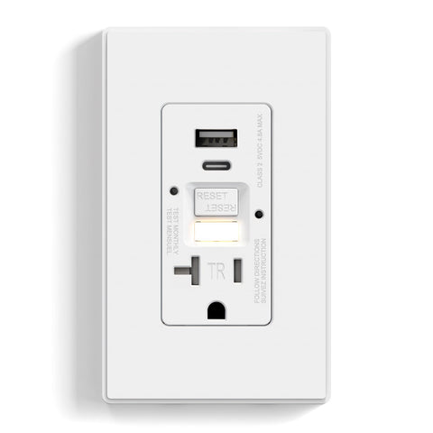 ELEGRP GFCI outlet with USB ports and nightlight, matte white, ideal for kitchen charging.