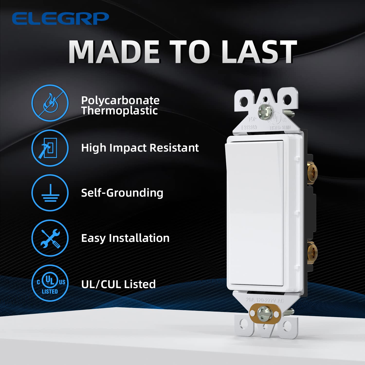 ELEGRP glossy white switch side wiring enabling simple replacement in existing boxes.