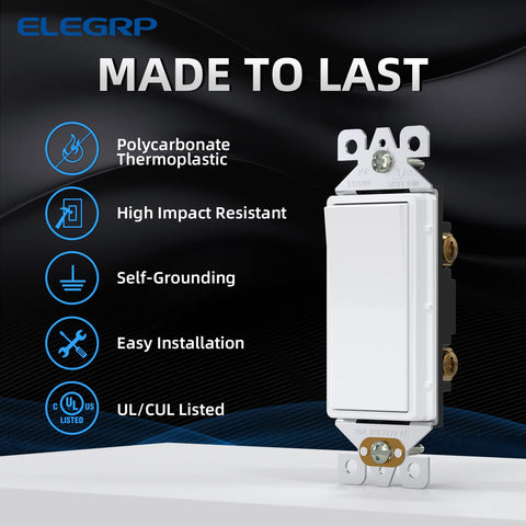 ELEGRP glossy white switch side wiring enabling simple replacement in existing boxes.
