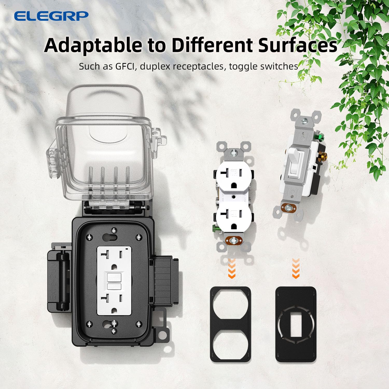 ELEGRP horizontal-vertical-mount in-use cover protects cords outdoors.
