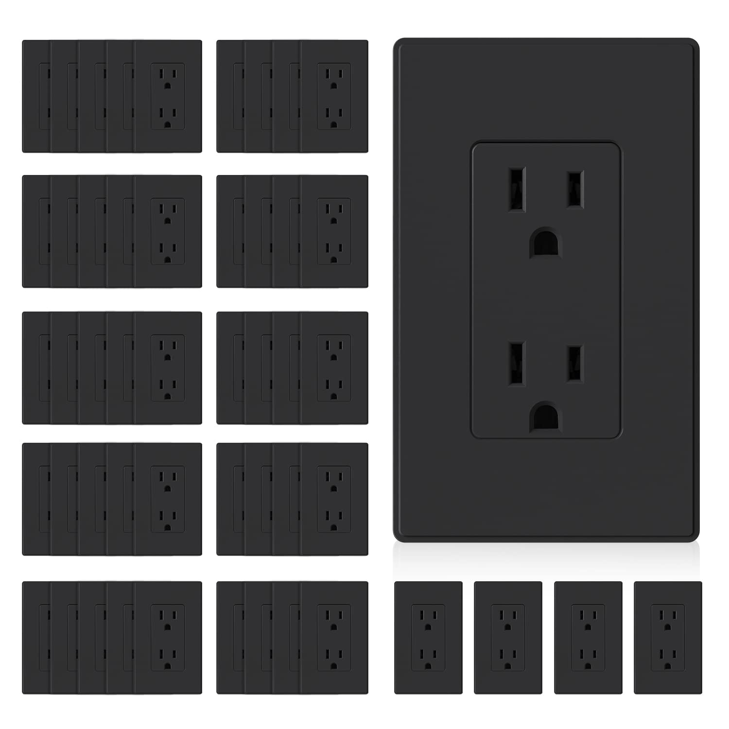 ELEGRP matte black 15A outlet front view showing durable, stylish housing