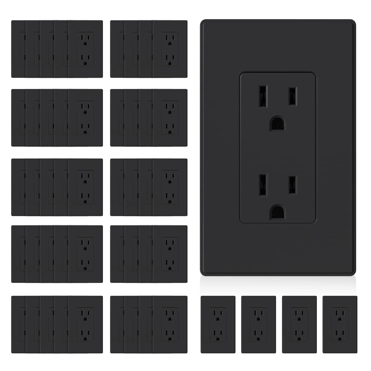 ELEGRP matte black 15A outlet front view showing durable, stylish housing