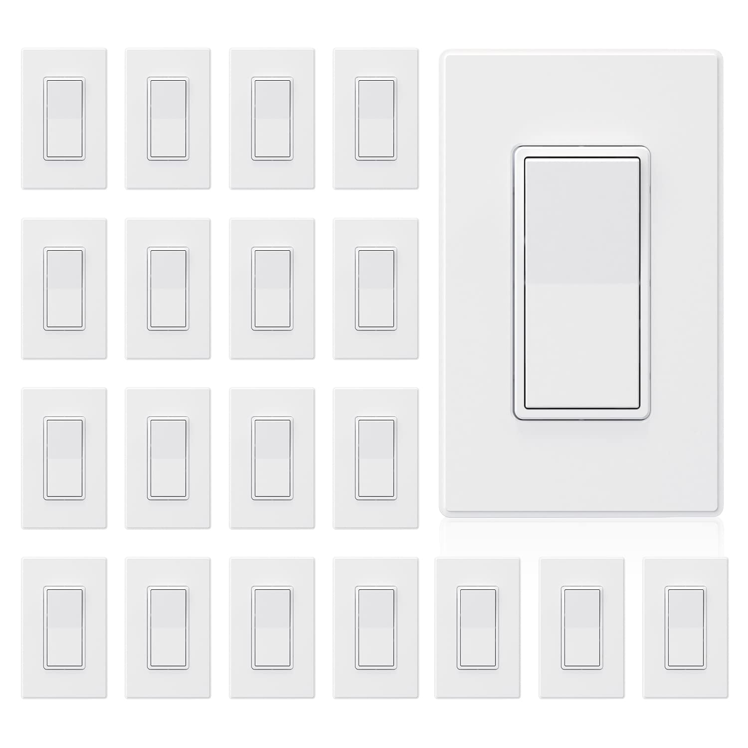 ELEGRP matte white single pole switch front view with decorative wall plate for a clean look.