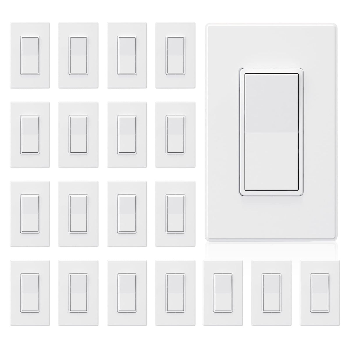 ELEGRP matte white single pole switch front view with decorative wall plate for a clean look.