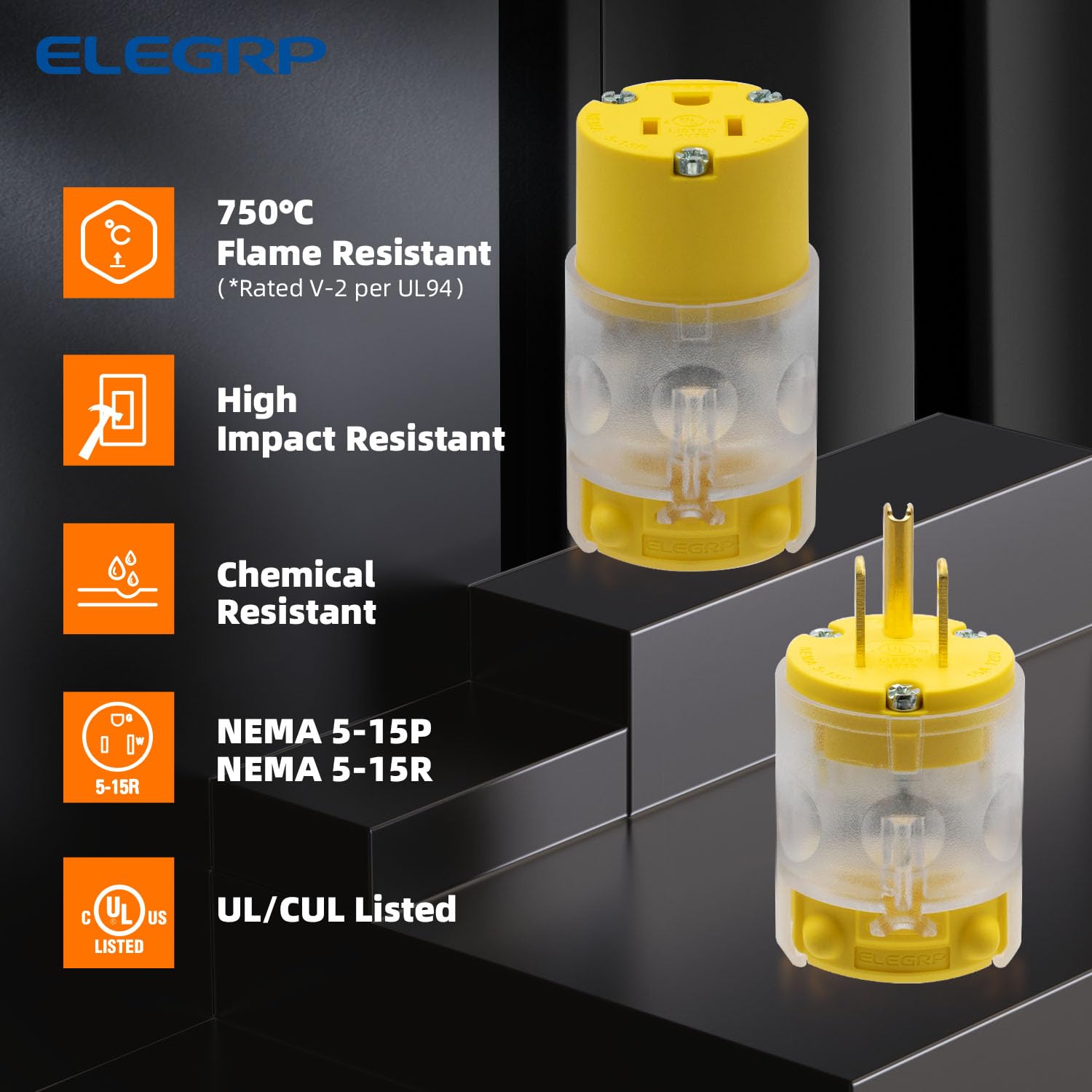 ELEGRP NEMA 5-15P and 5-15R connector in secure alignment.
