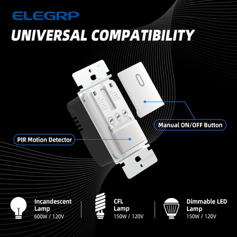ELEGRP occupancy switch side profile shows slim design for tight electrical boxes