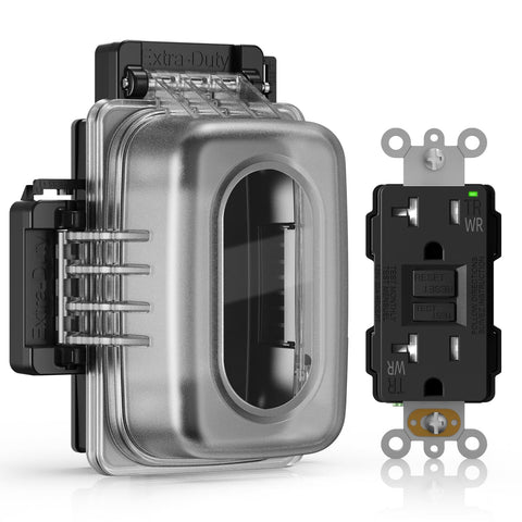 ELEGRP outdoor GFCI outlet with in-use cover shown for weather-ready outdoor use.