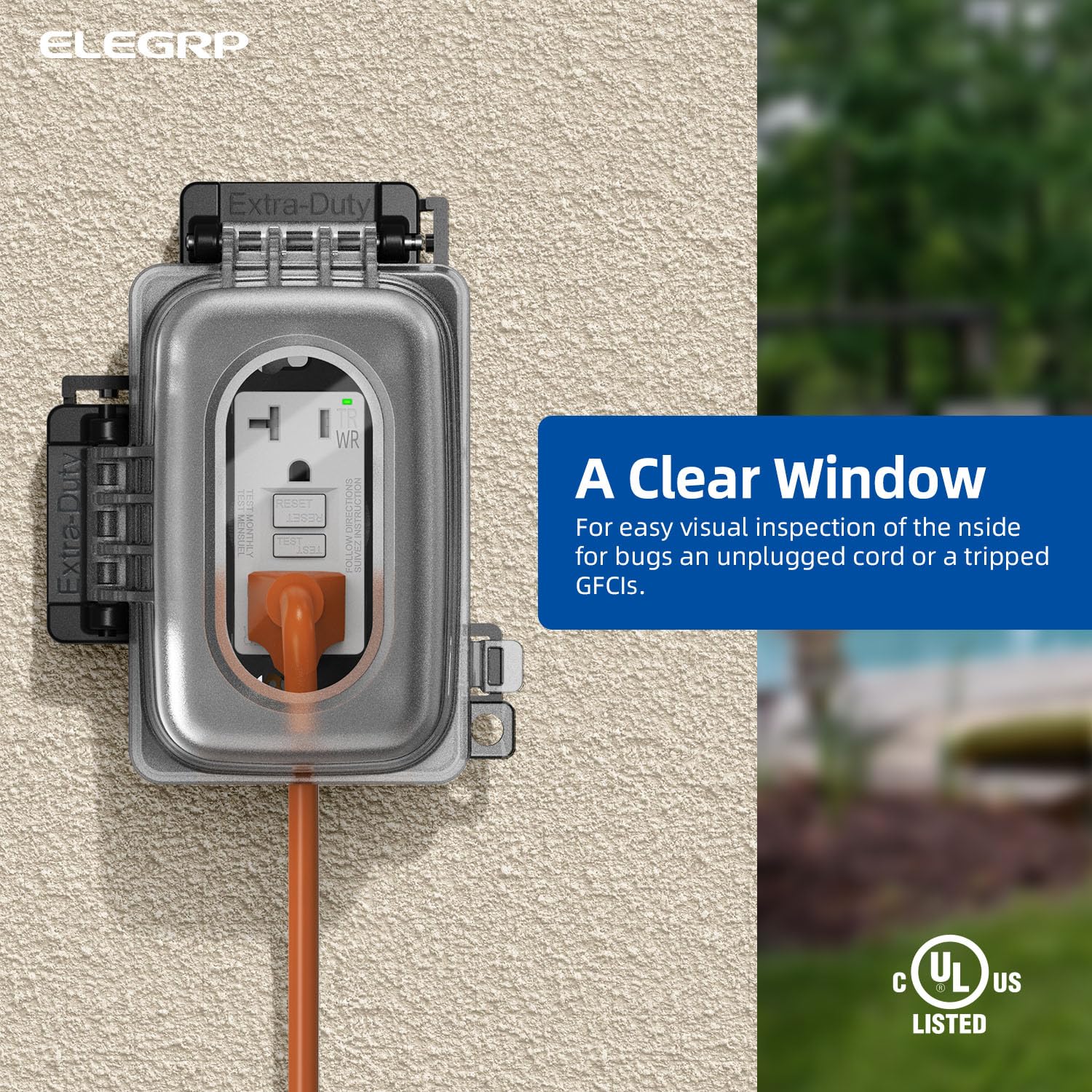 ELEGRP lockable-security-tab cover shown on an outdoor outlet for added safety.