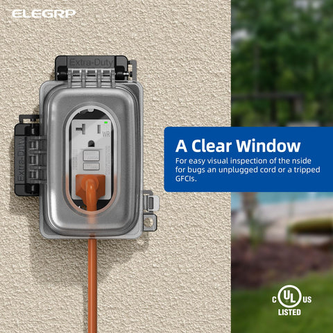 ELEGRP lockable-security-tab cover shown on an outdoor outlet for added safety.