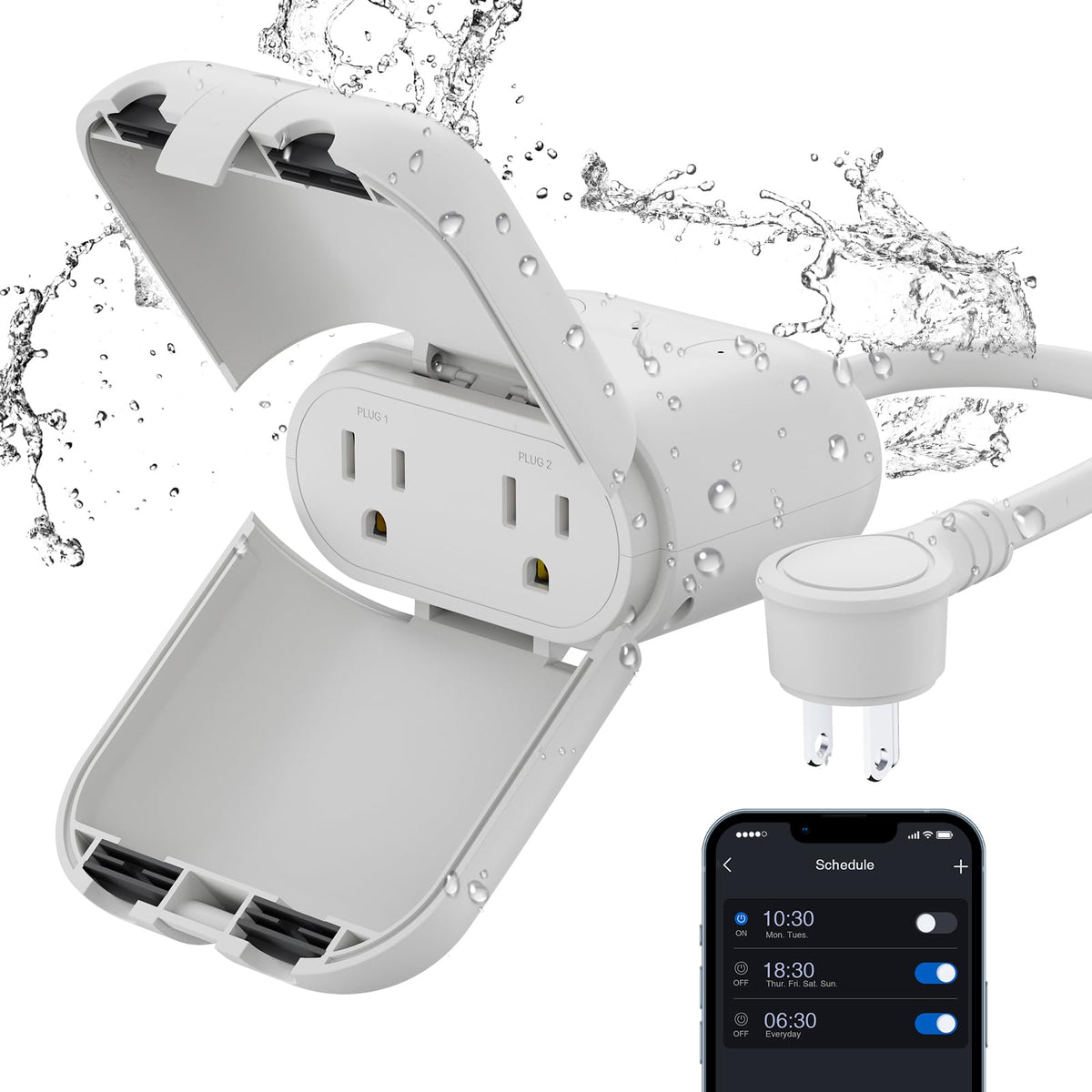ELEGRP PQR20 outdoor smart plug with IP66 protection for rainproof lighting.