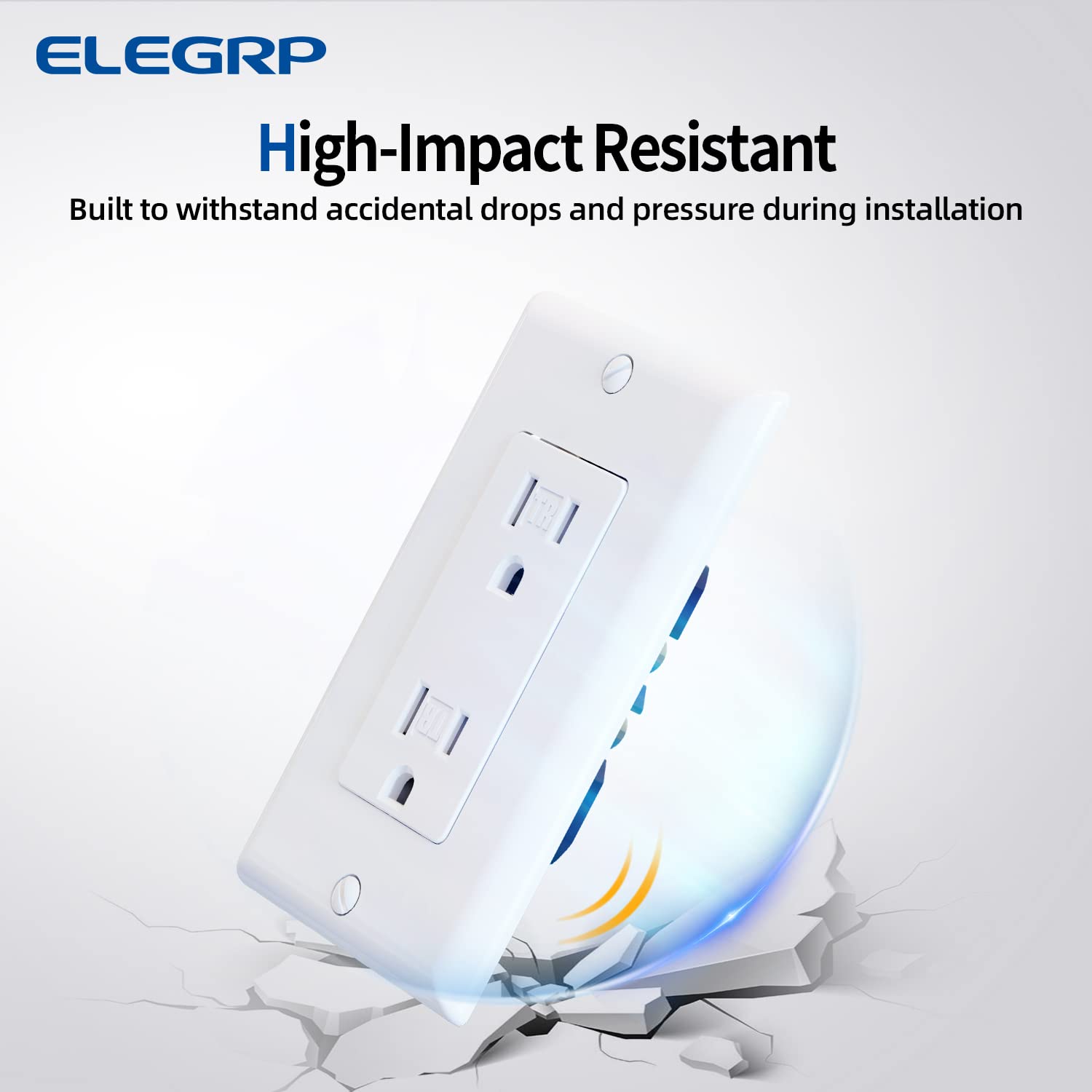 ELEGRP easy-installation outlet demonstrating push-in and side-wire wiring for fast setup.