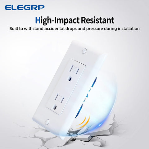 ELEGRP easy-installation outlet demonstrating push-in and side-wire wiring for fast setup.