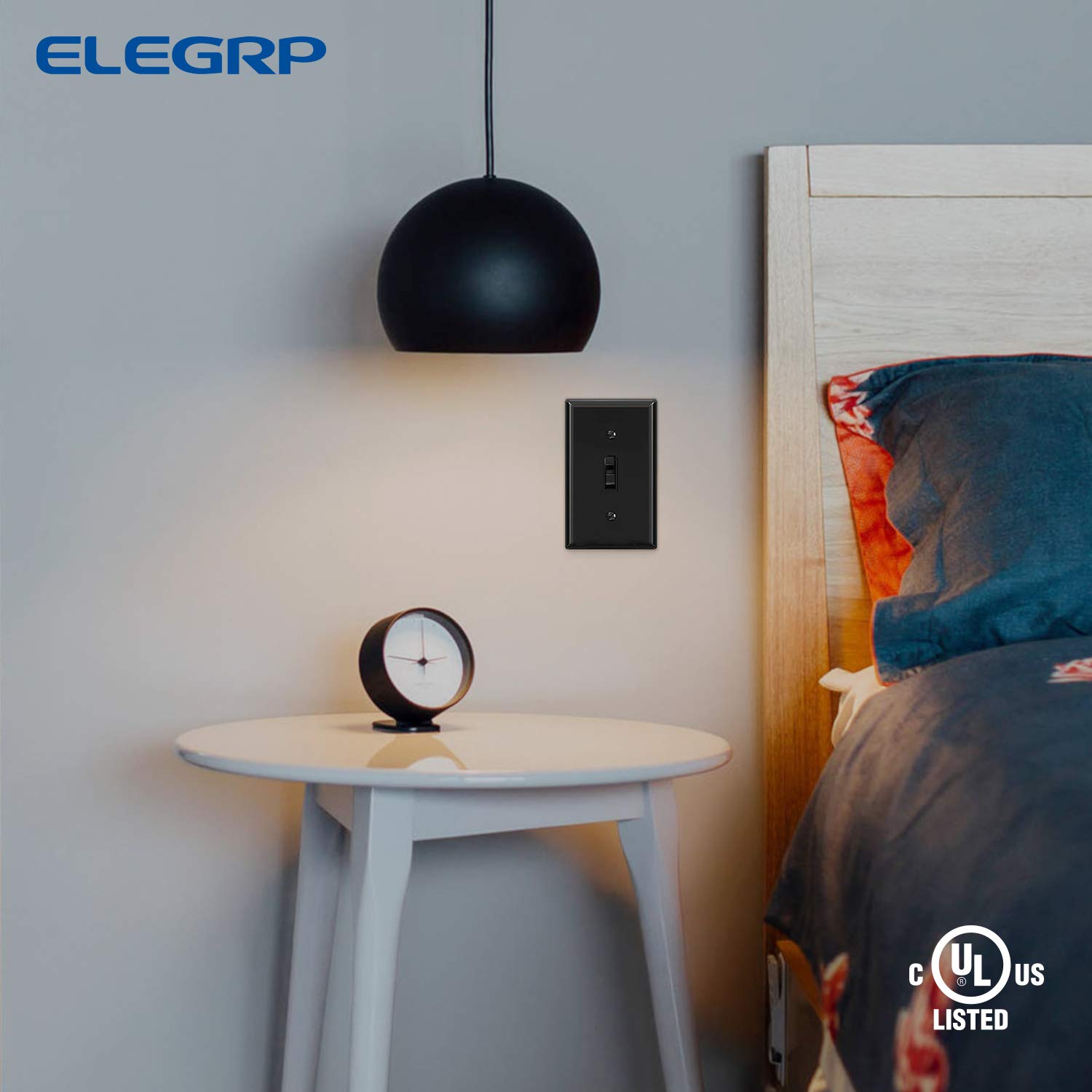 ELEGRP glossy black self-grounding clip ensures safe, automatic grounding in proper boxes.