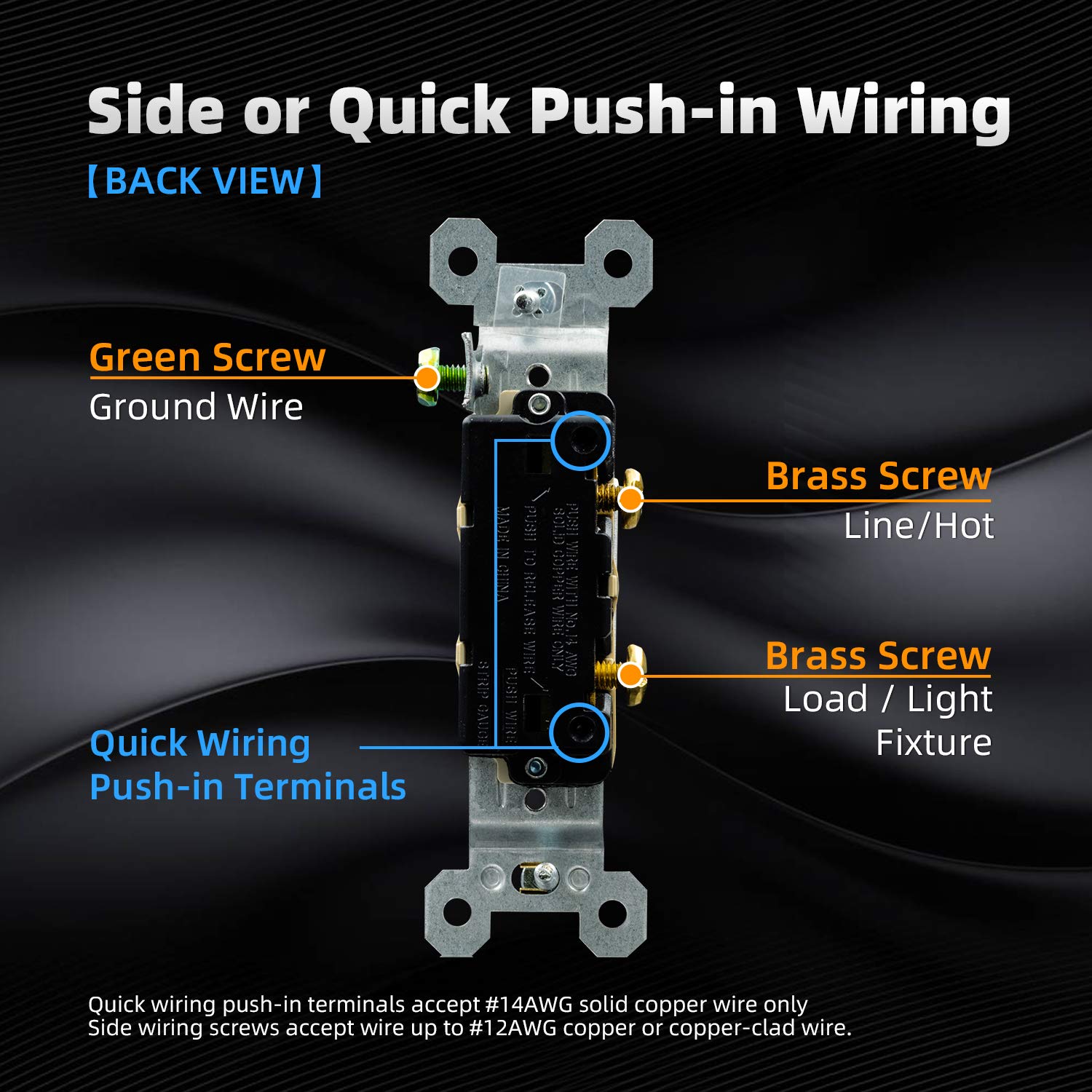 ELEGRP push-in wiring terminal highlights quick, tool-free wiring for #14AWG copper.