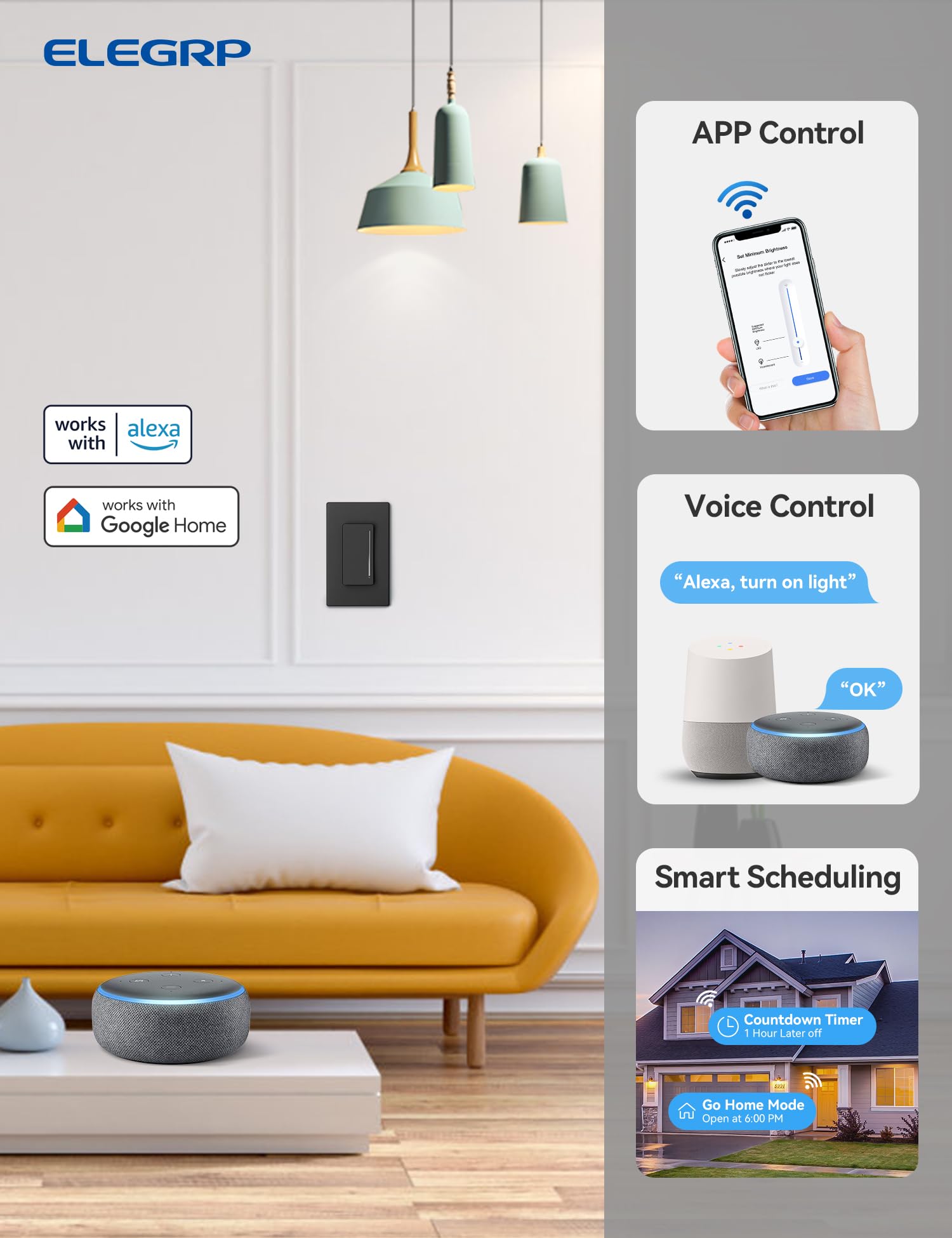 ELEGRP Dimmer switch touch panel close-up showing smooth brightness control.