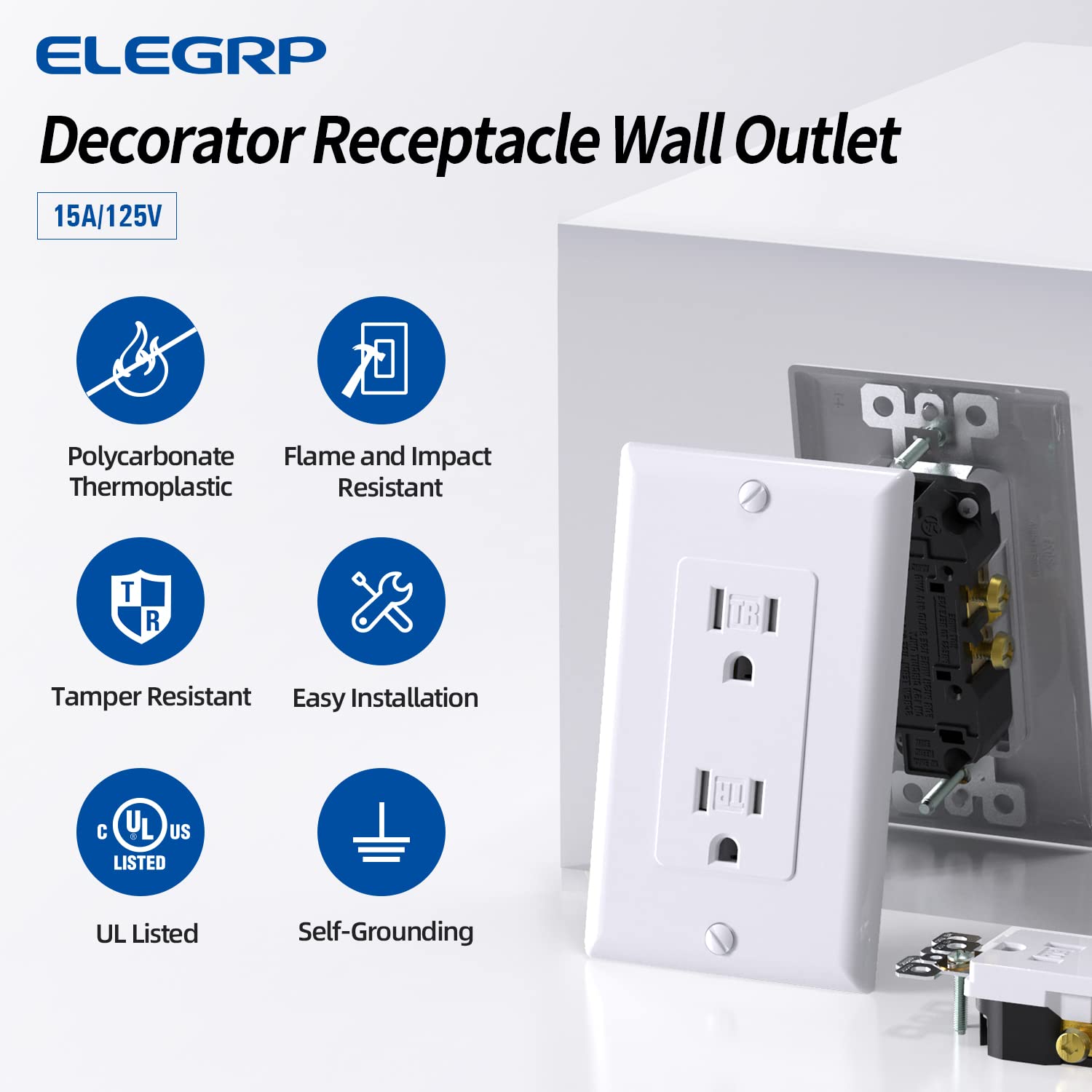 ELEGRP tamper-resistant outlet with self-grounding clip for safer wiring in junction boxes.