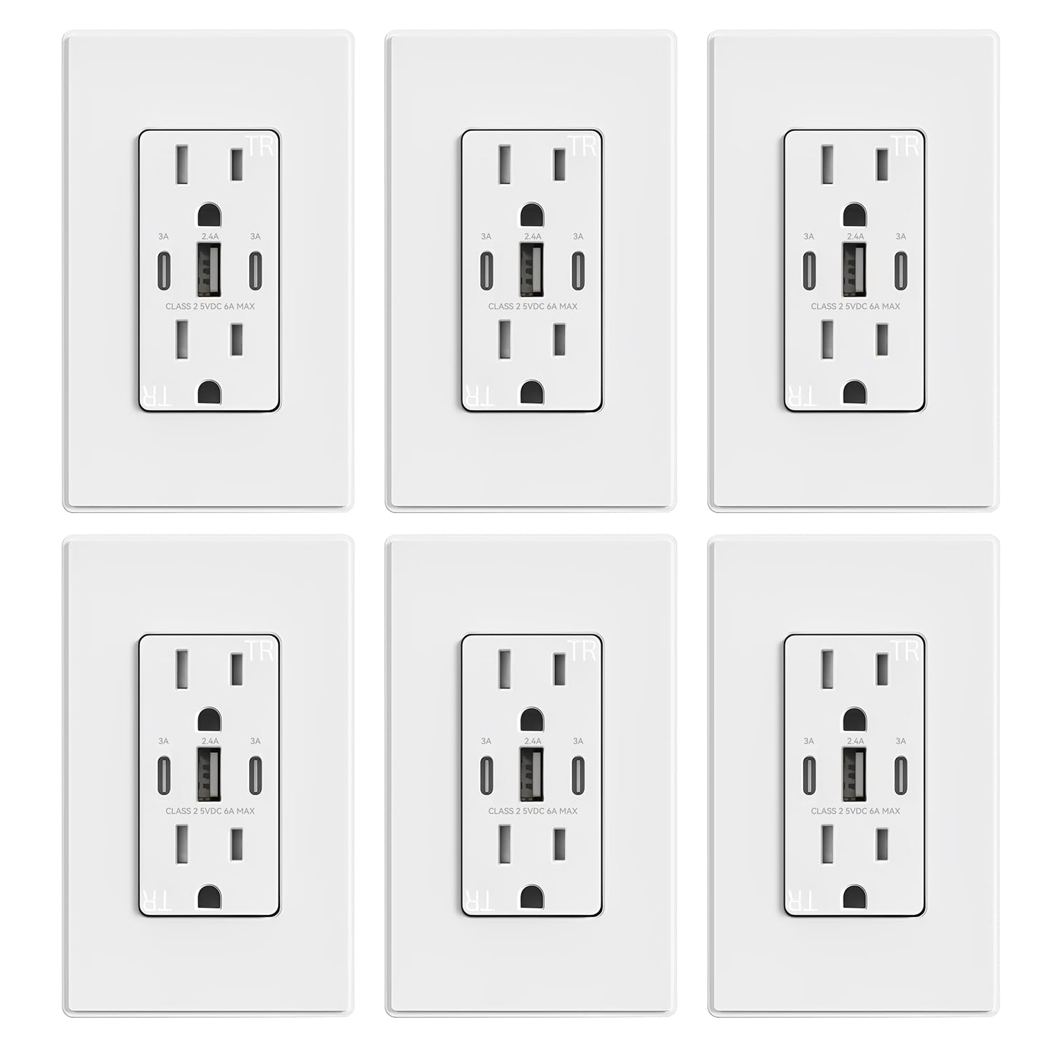 ELEGRP USB outlets 30W 3-port matte white pack6 with wall plate for easy installation.