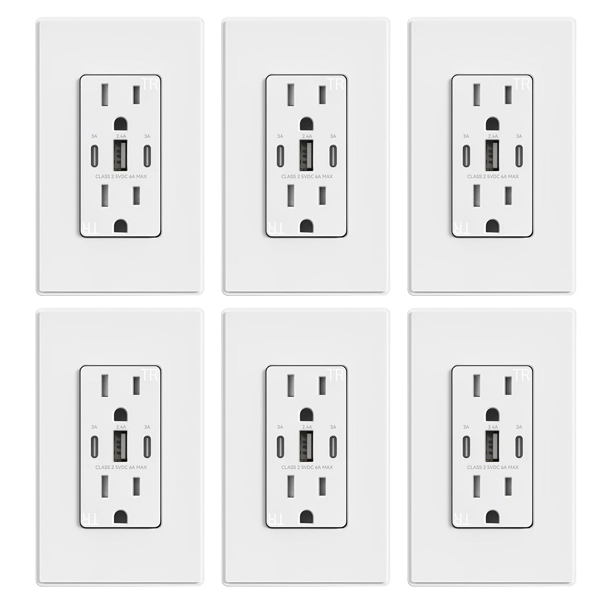 ELEGRP USB outlets 30W 3-port matte white pack6 with wall plate for easy installation.