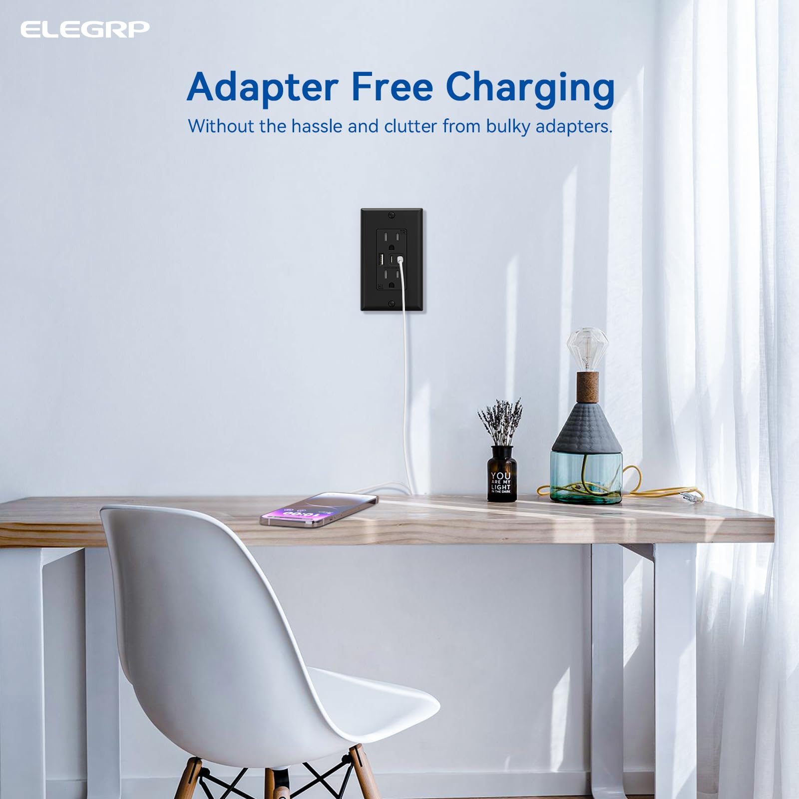 ELEGRP USB outlets black wall plate installation in a contemporary space.