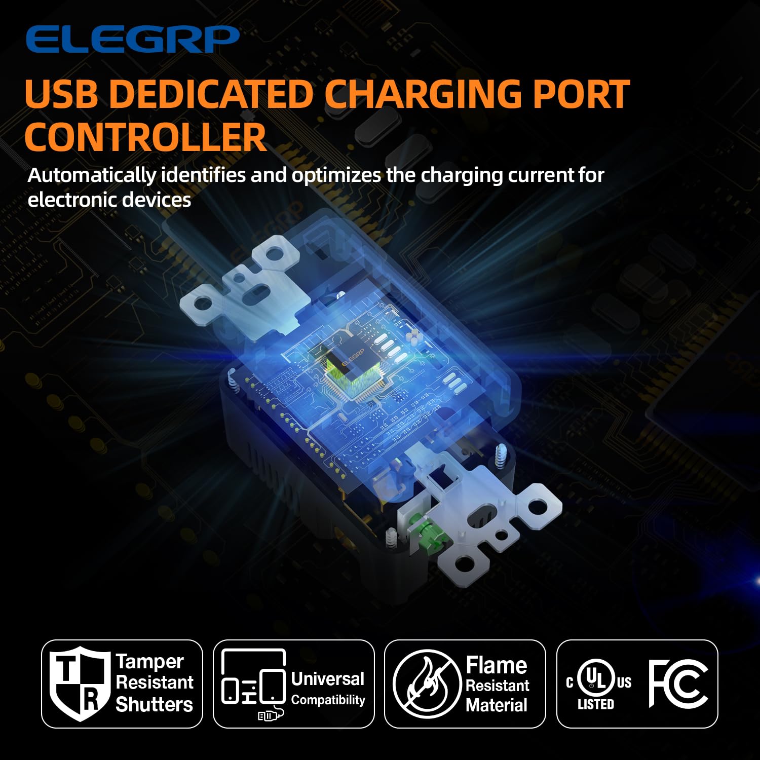 USB port controller ensuring safe, optimized charging for devices.
