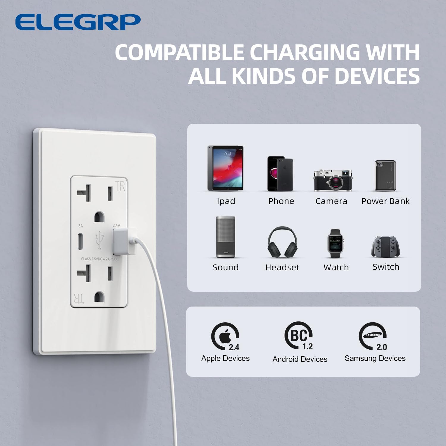 ELEGRP matte white USB wall outlet blends with modern decor.