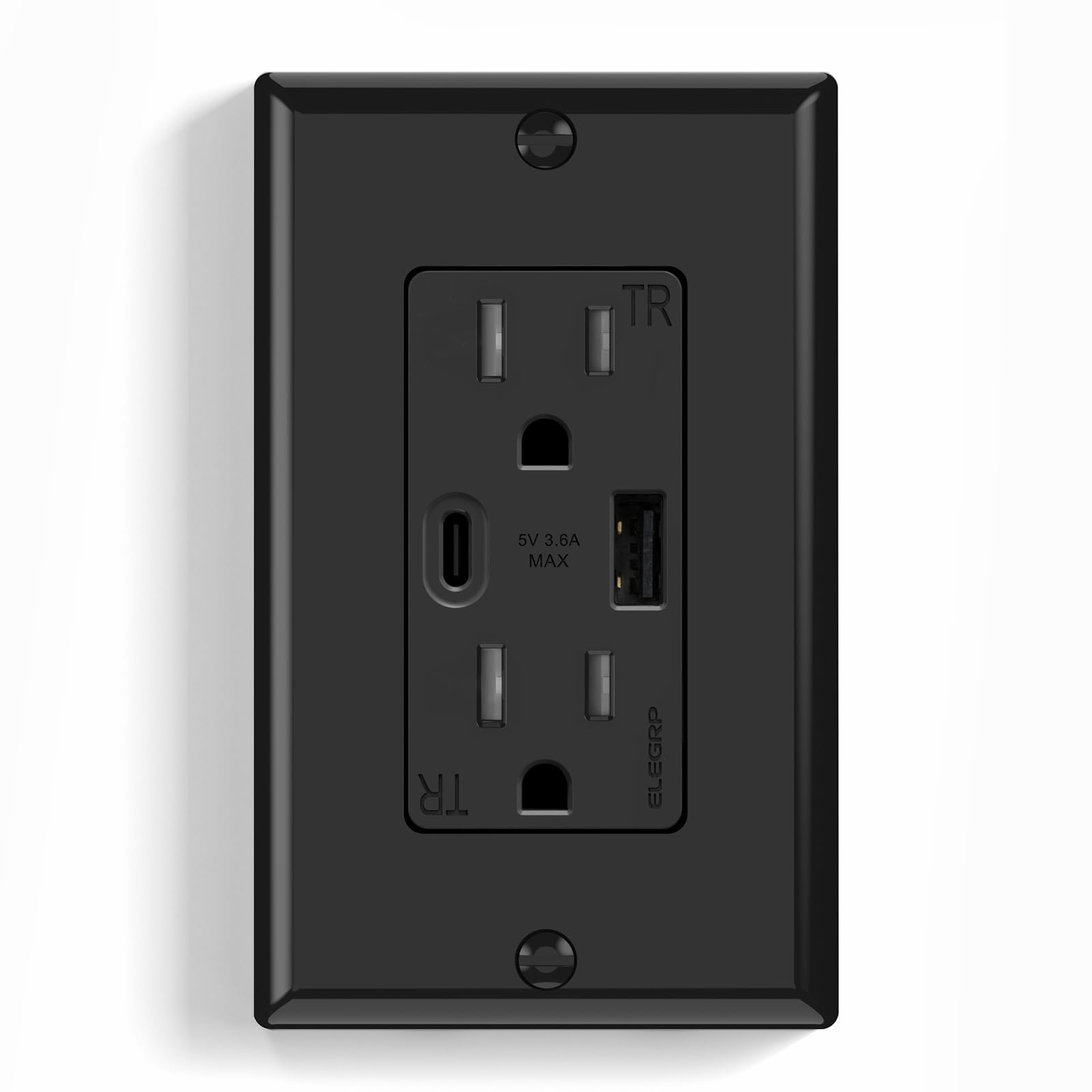 ELEGRP wall outlet duplex with USB-A and USB-C ports for fast charging.