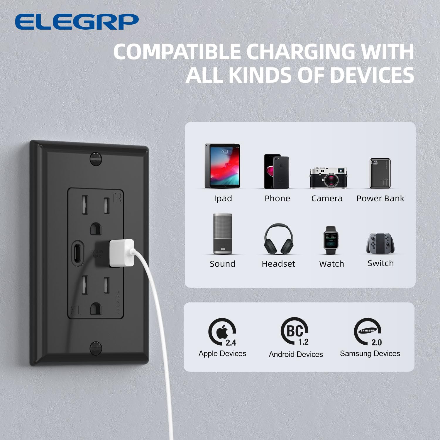 ELEGRP USB-A port close-up highlighting rapid charging performance.