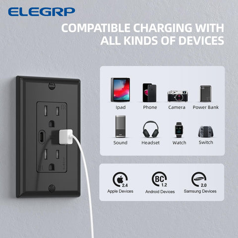ELEGRP USB-A port close-up highlighting rapid charging performance.