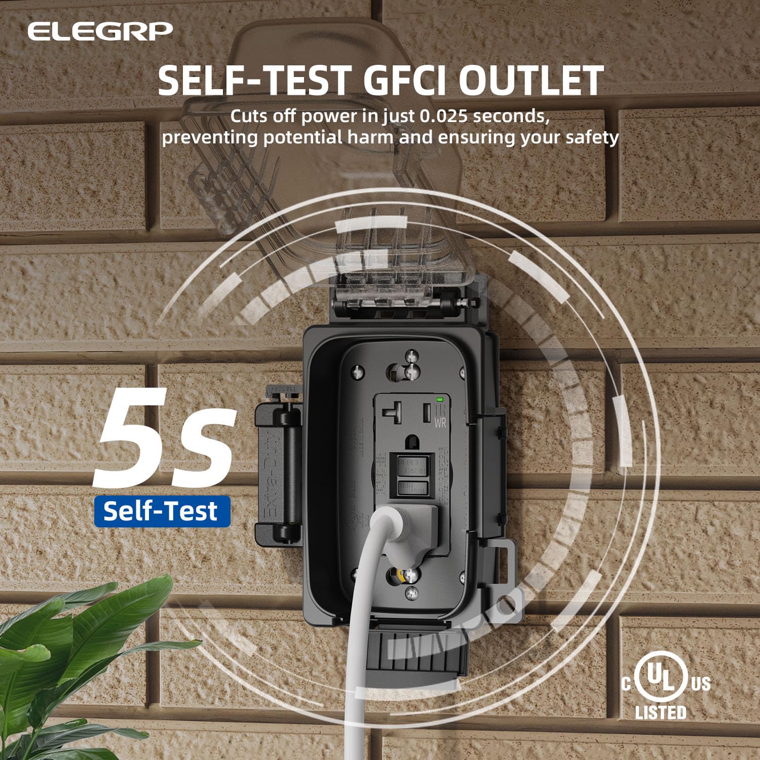 Weatherproof in-use cover on ELEGRP outlet supports horizontal or vertical mounting.
