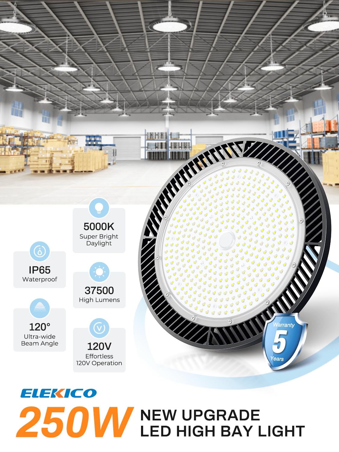 ELEKICO 35000lm output highlights large area brightness for warehouses.