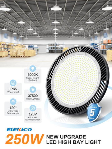 ELEKICO 35000lm output highlights large area brightness for warehouses.