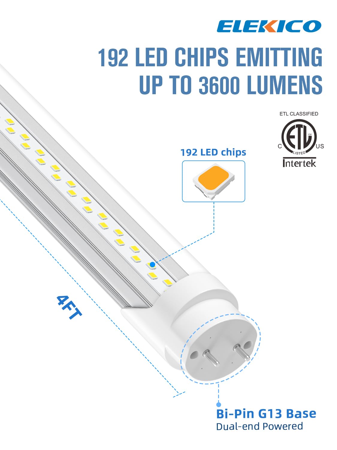 ELEKICO 4ft LED tube delivers 6500K daylight for clear visibility.