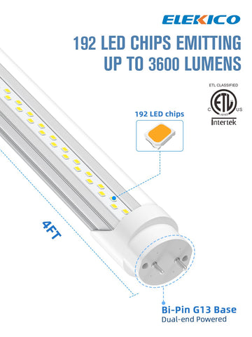 ELEKICO 4ft LED tube delivers 6500K daylight for clear visibility.