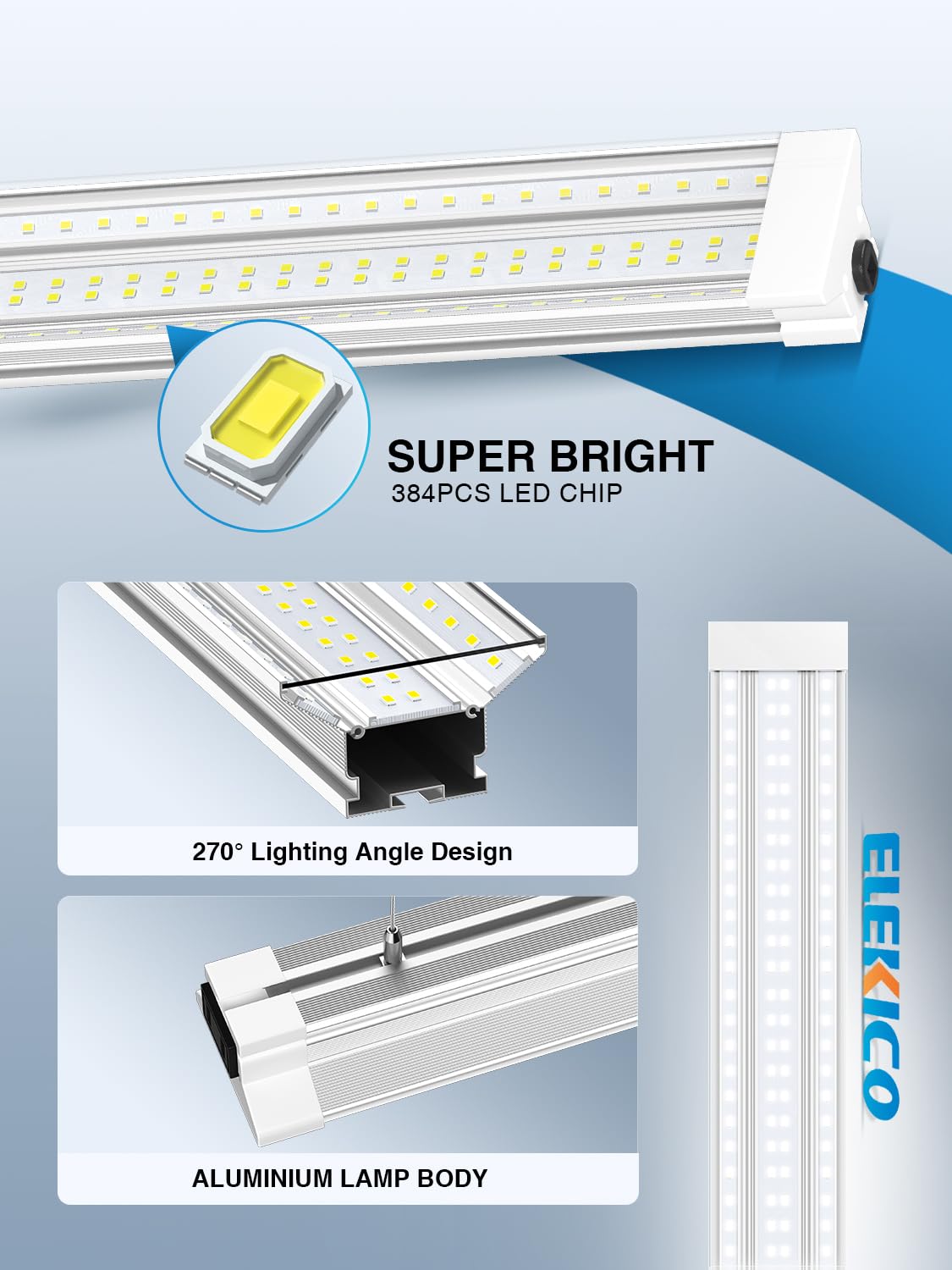 ELEKICO LED shop light hanging install demonstrates flexible mounting options.