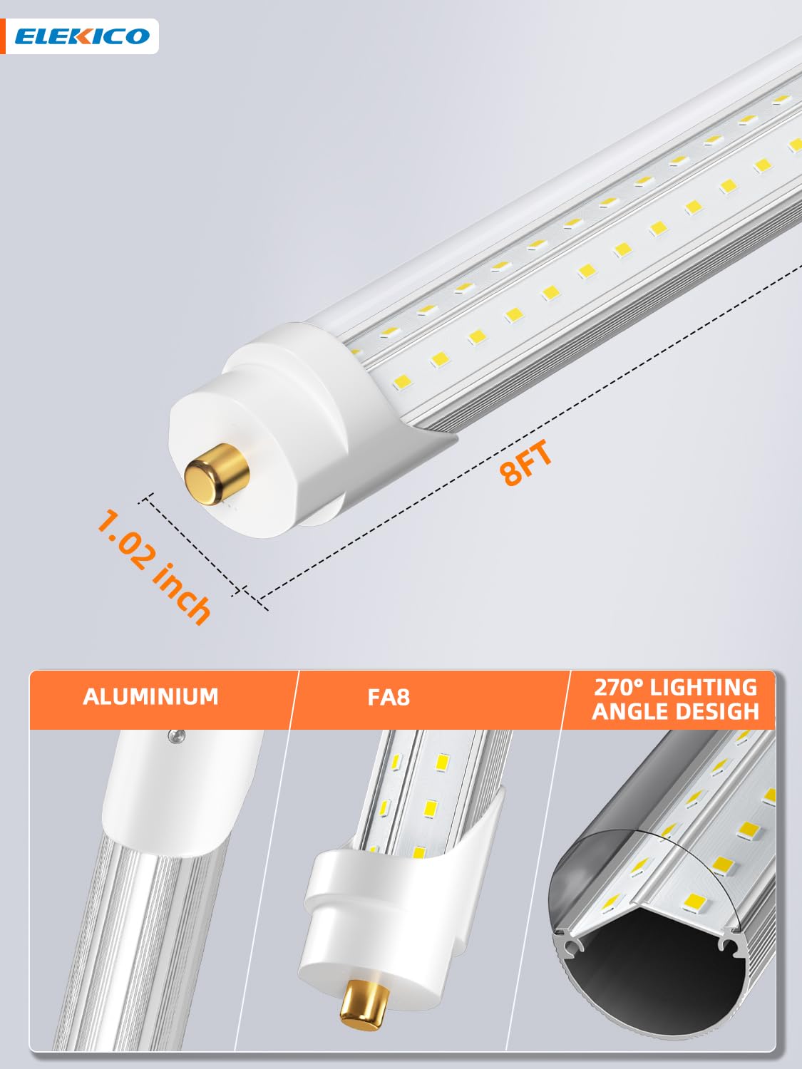 ELEKICO 75W 8ft LED tube in 5000K daylight tone for natural task lighting.