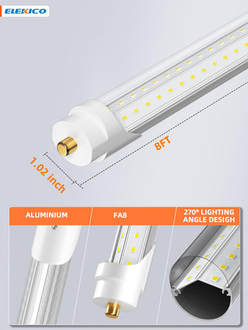 ELEKICO 75W 8ft LED tube in 5000K daylight tone for natural task lighting.