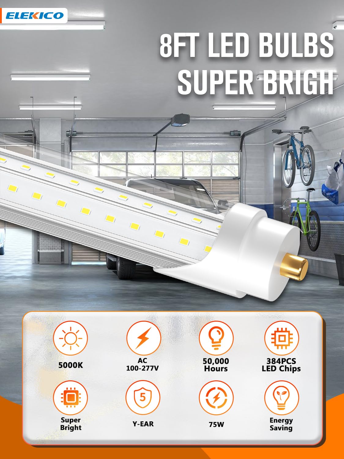 ELEKICO 75W 8ft LED tube with clear cover for crisp lighting.