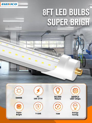 ELEKICO 75W 8ft LED tube with clear cover for crisp lighting.
