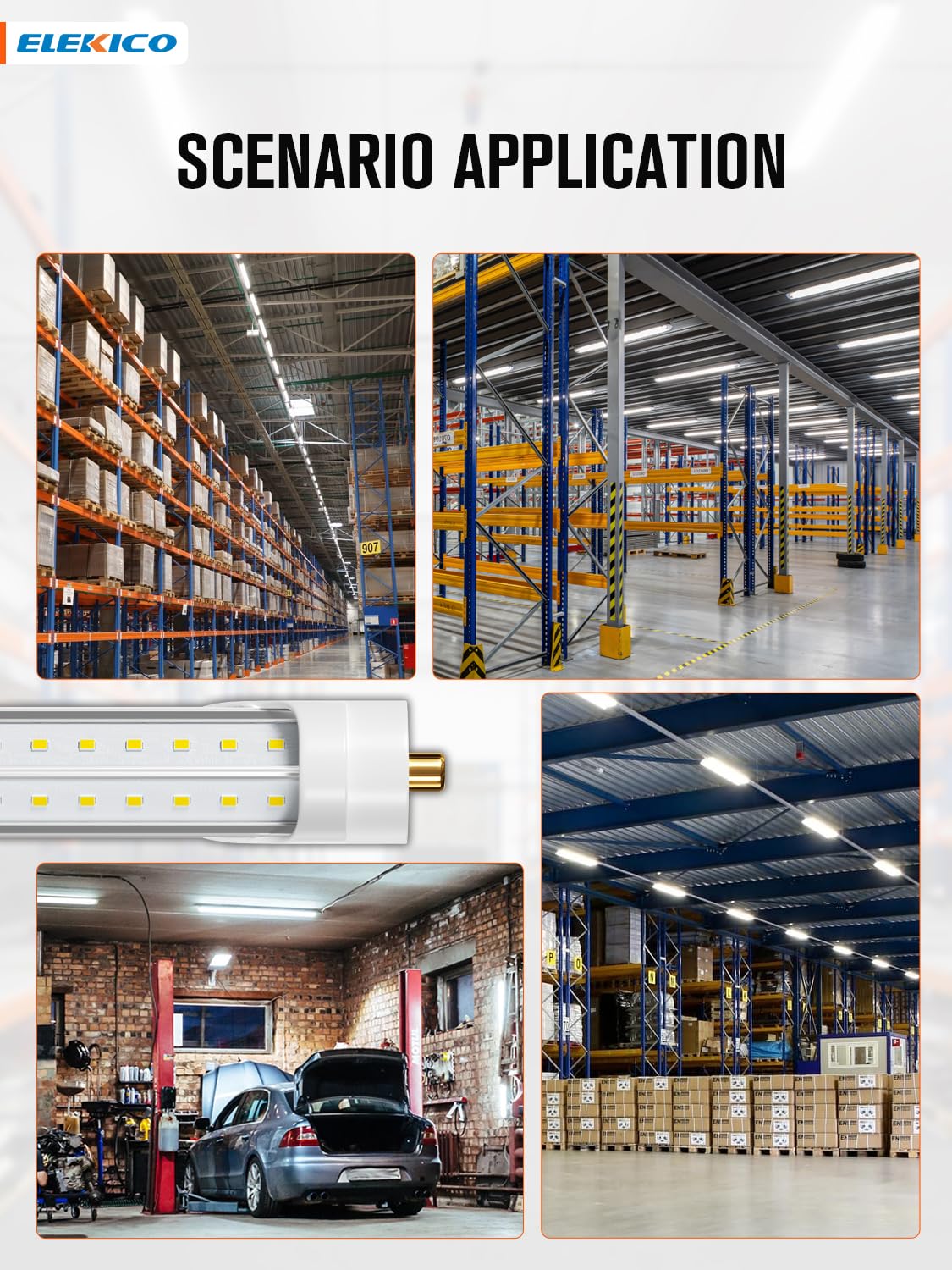 ELEKICO 75W 8ft LED tubes ideal for shops, garages, and warehouses.