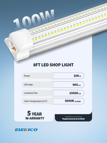 ELEKICO 8ft LED shop light with linkable design for seamless large area coverage.