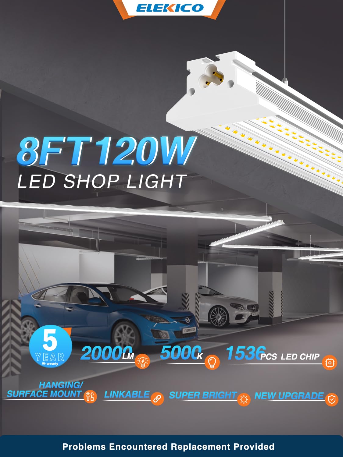 ELEKICO 8ft LED shop light surface-mount for clean ceilings