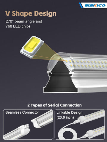 ELEKICO 8ft LED shop light with V-shape beam for wide 270° coverage