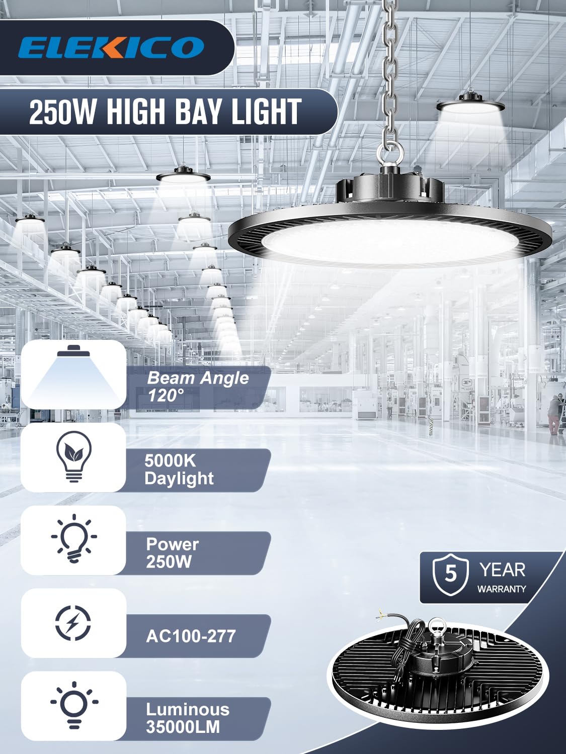 ELEKICO UFO high bay LED illuminating large work areas with 5000K daylight
