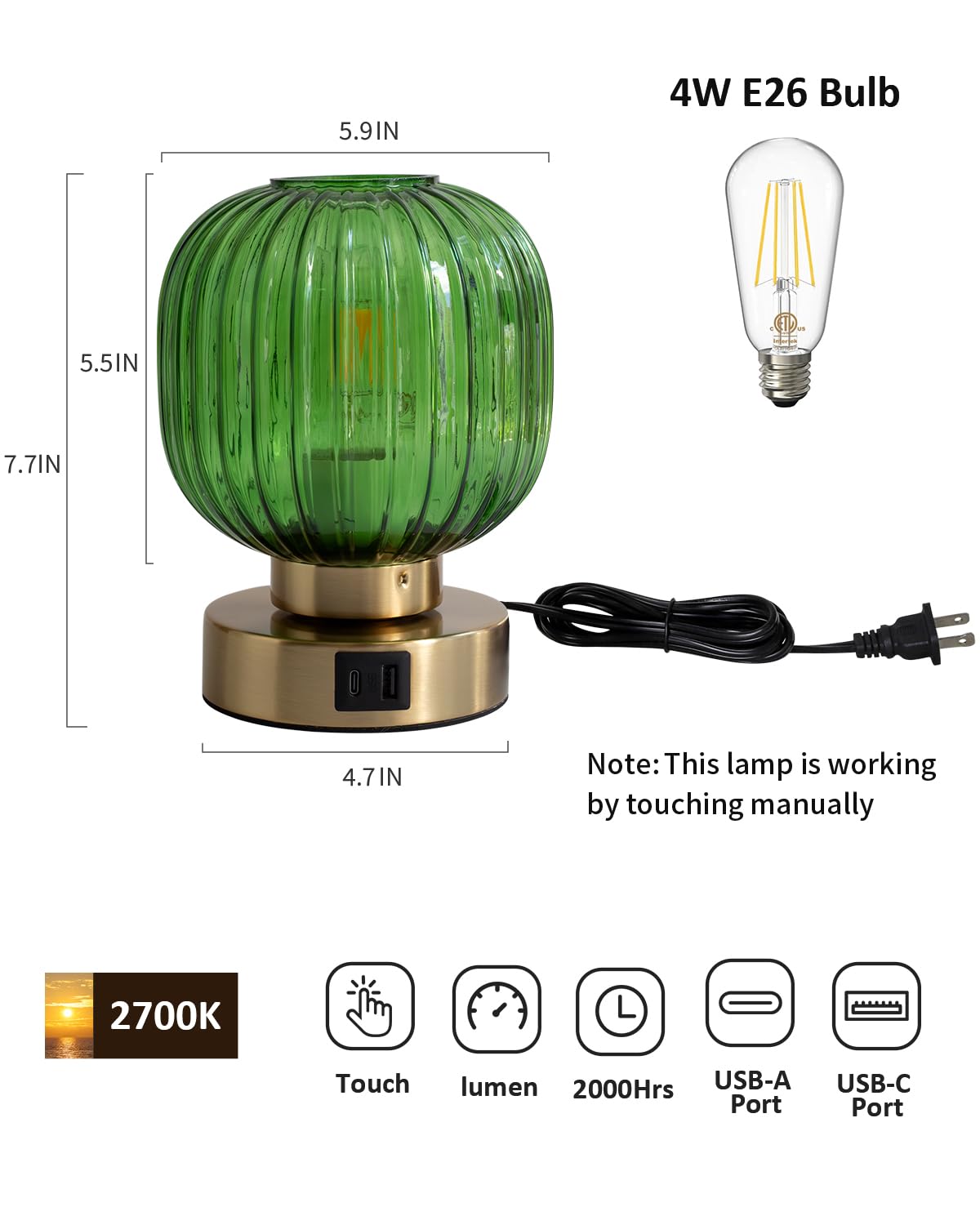 Elenhome 4W LED bulb included provides immediate warm 2700K glow.