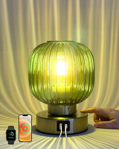 Elenhome touch small table lamp with green glass shade for cozy bedside lighting.