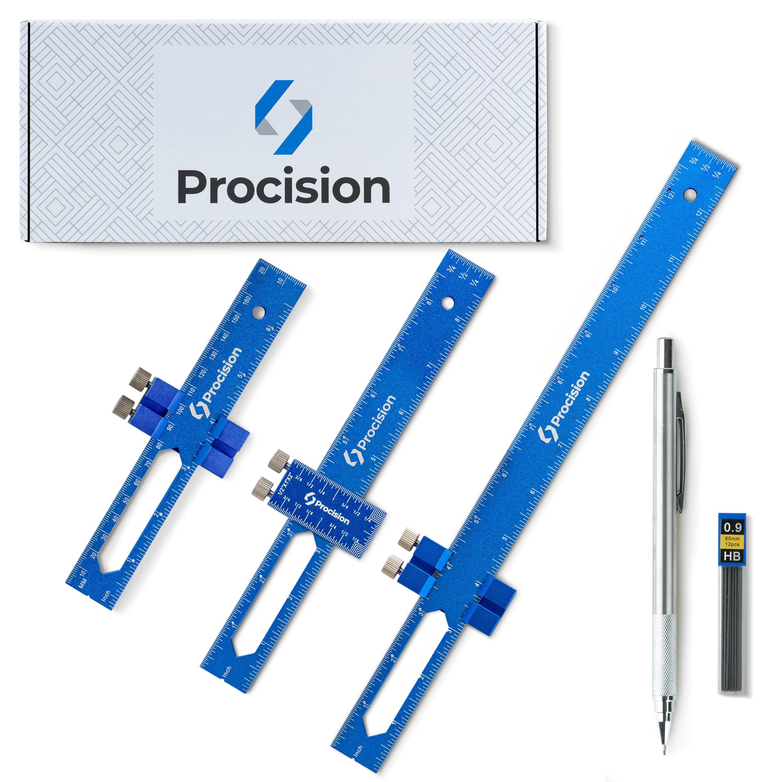 Procision rulers with end holes for hanging and storage