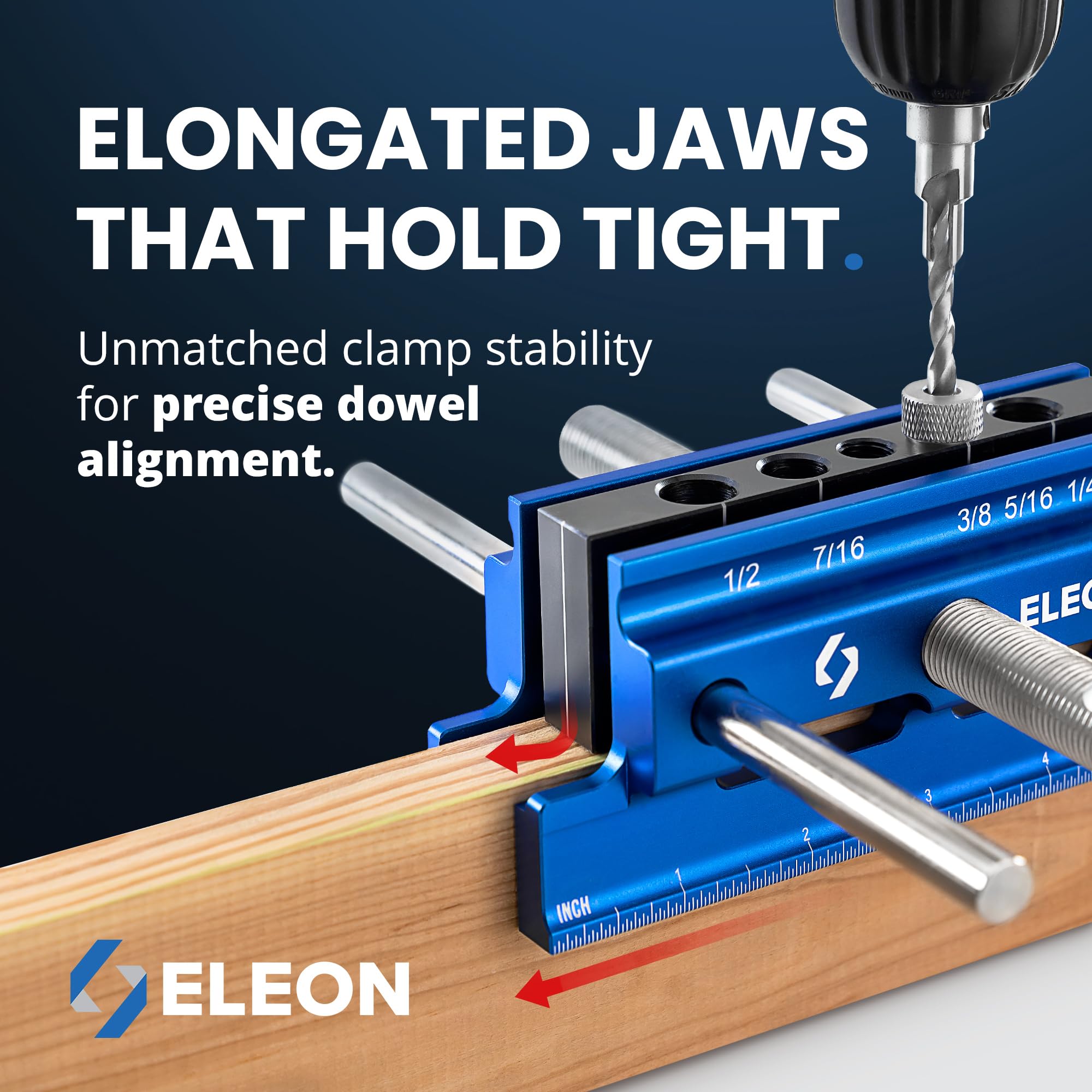 Eleon dowel jig with elongated jaws for higher precision and even pressure.