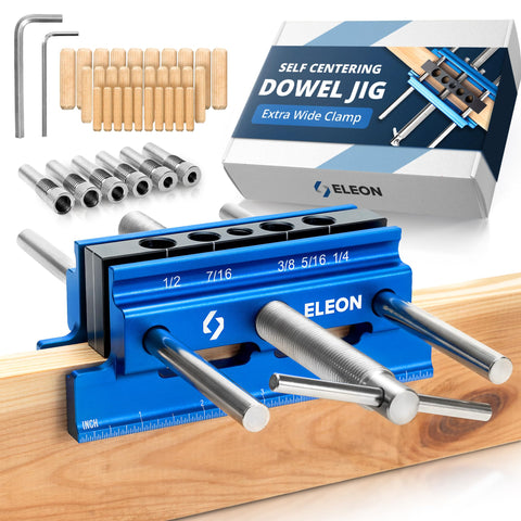 Eleon self-centering dowel jig with extra-wide clamp for large workpieces and steady grip.