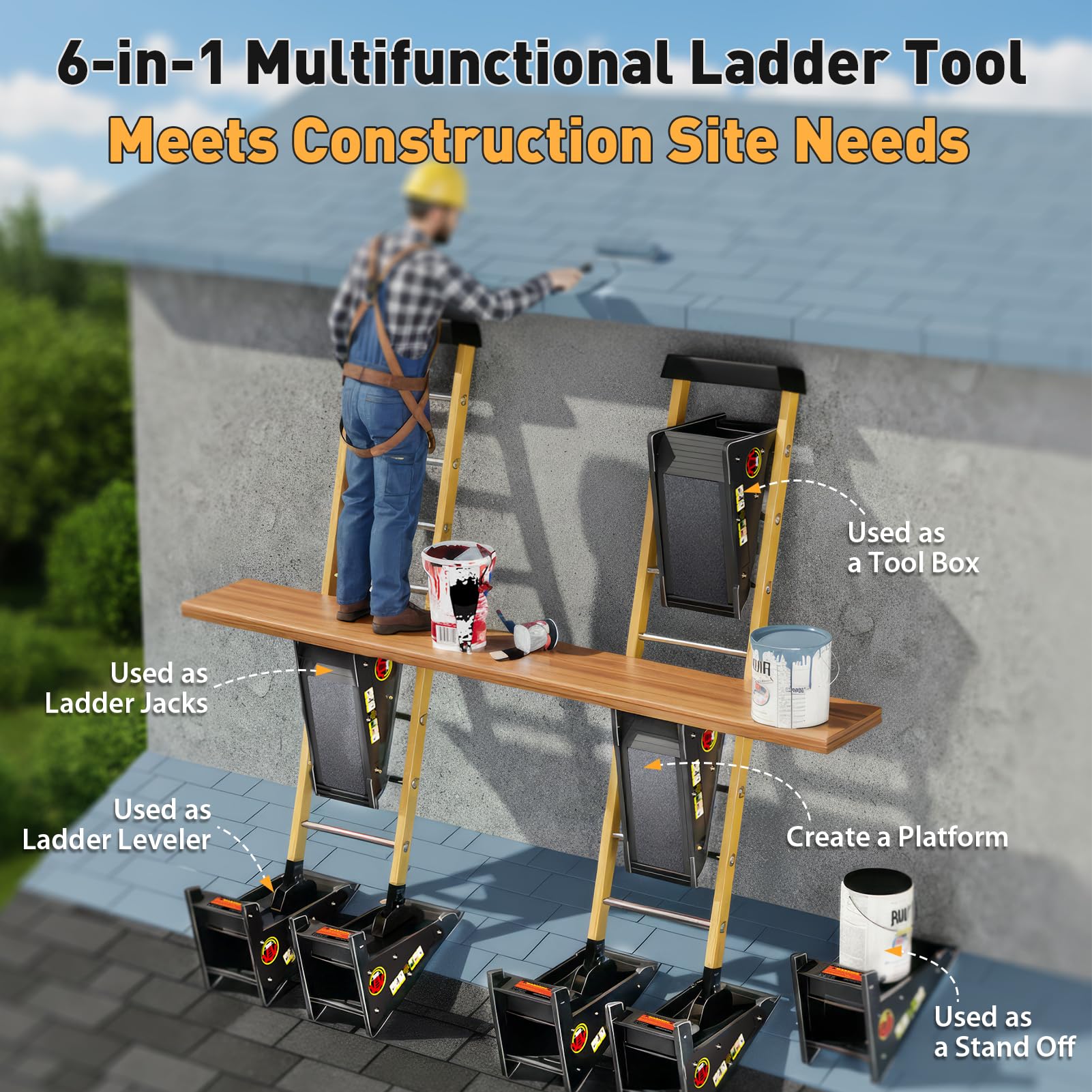 Elesude ladder stabilizer with non-slip grips enhances balance while painting.